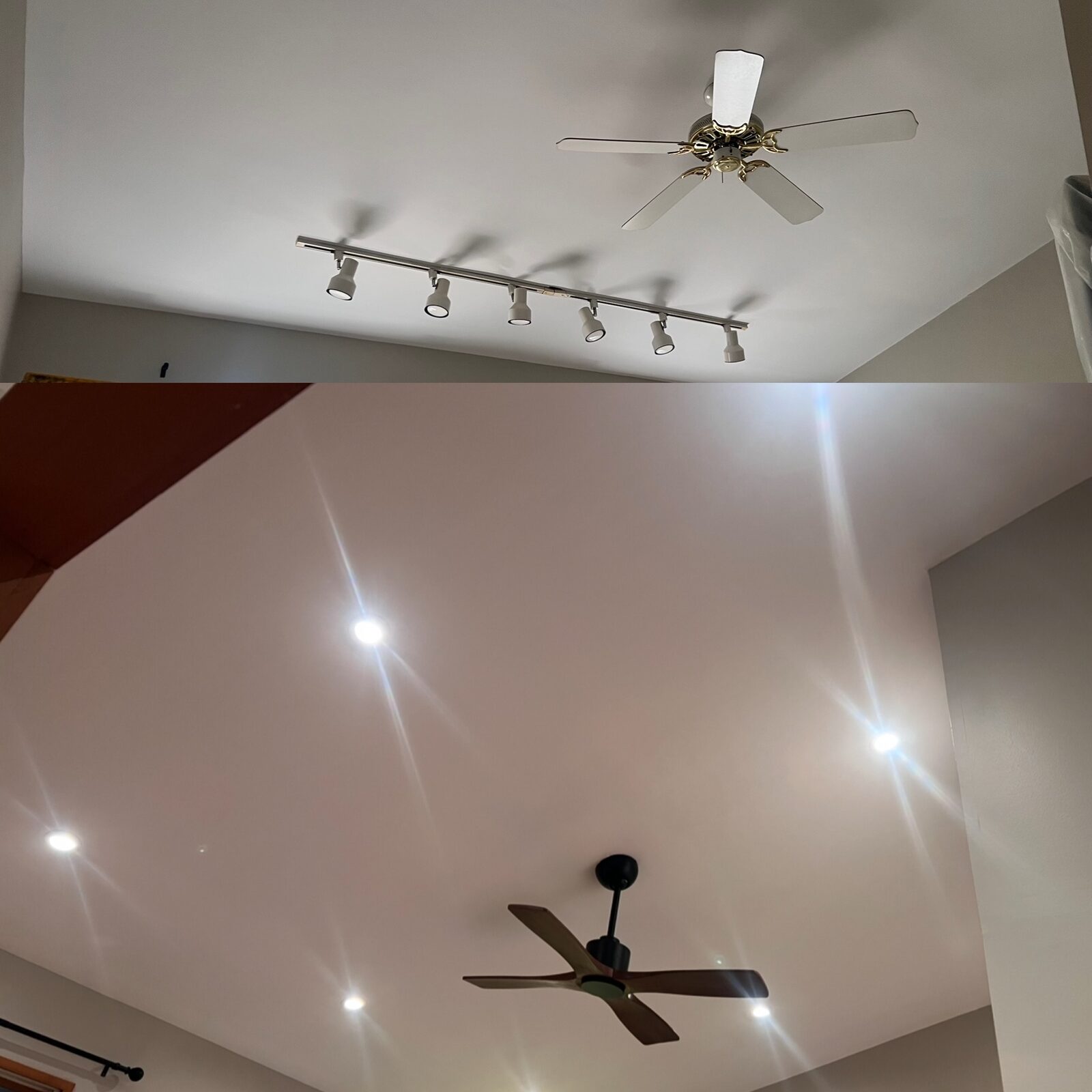 Before and after lighting upgrade: old fixtures replaced with modern recessed lighting and ceiling fan